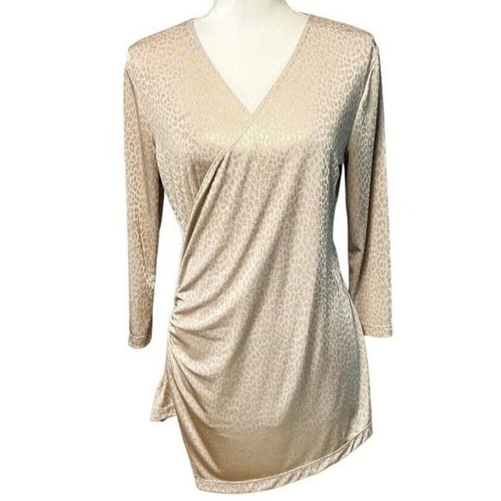 Chico's Travelers Ruched Faux Wrap Super-soft Animal Print Neutral Top 0 Small‎